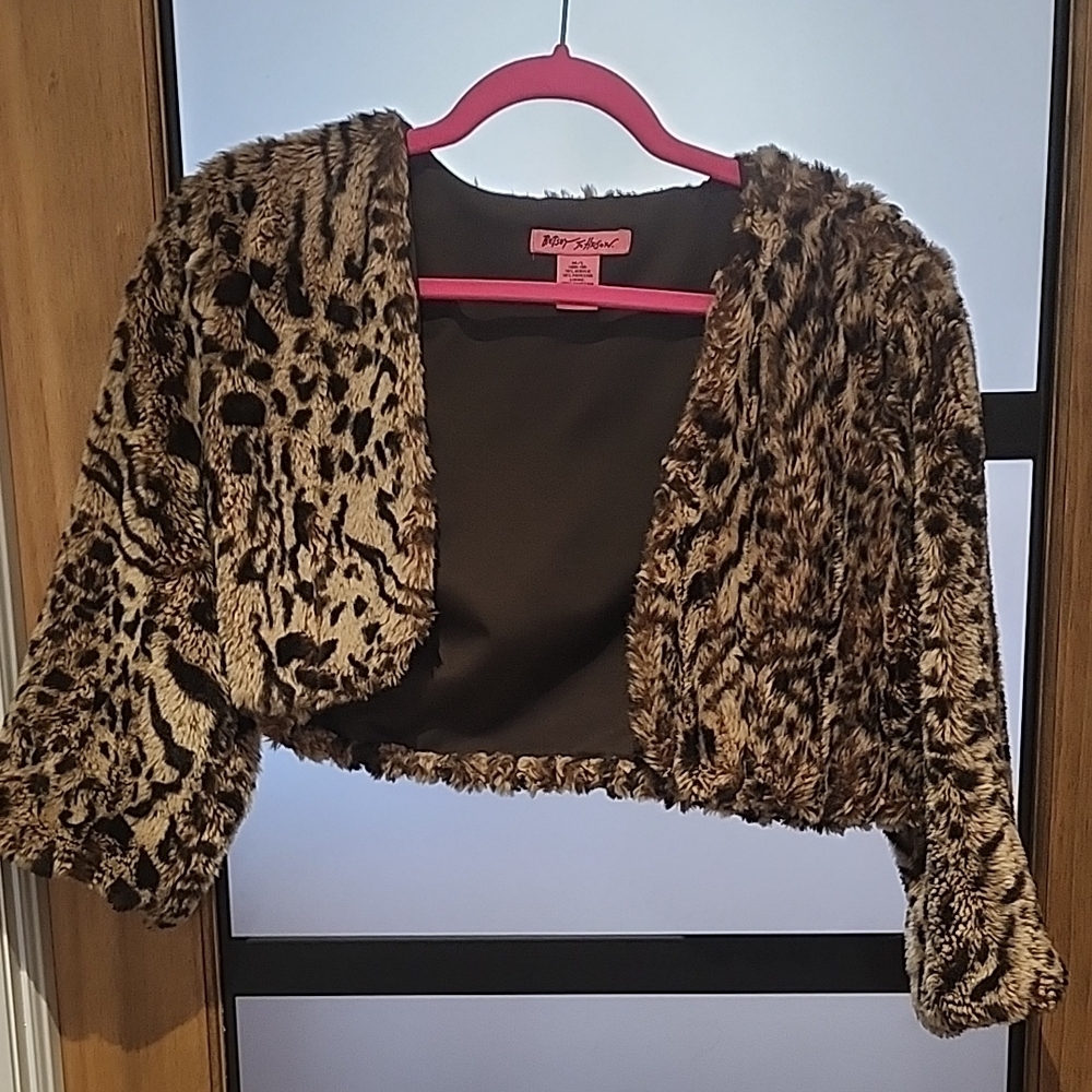 Betsey Johnson Brown Teddy Jacket Faux Fur Leopard